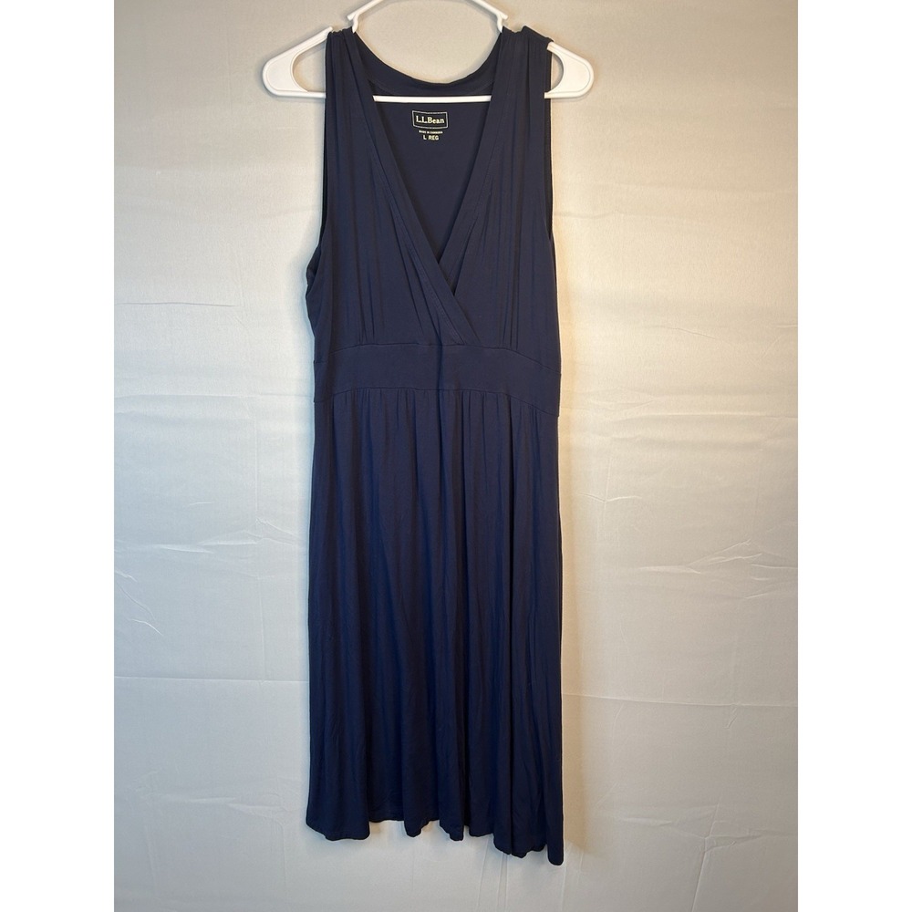 L.L. Bean Women's Size Large V Neck Midi Dress Sleeveless Navy Preppy 84